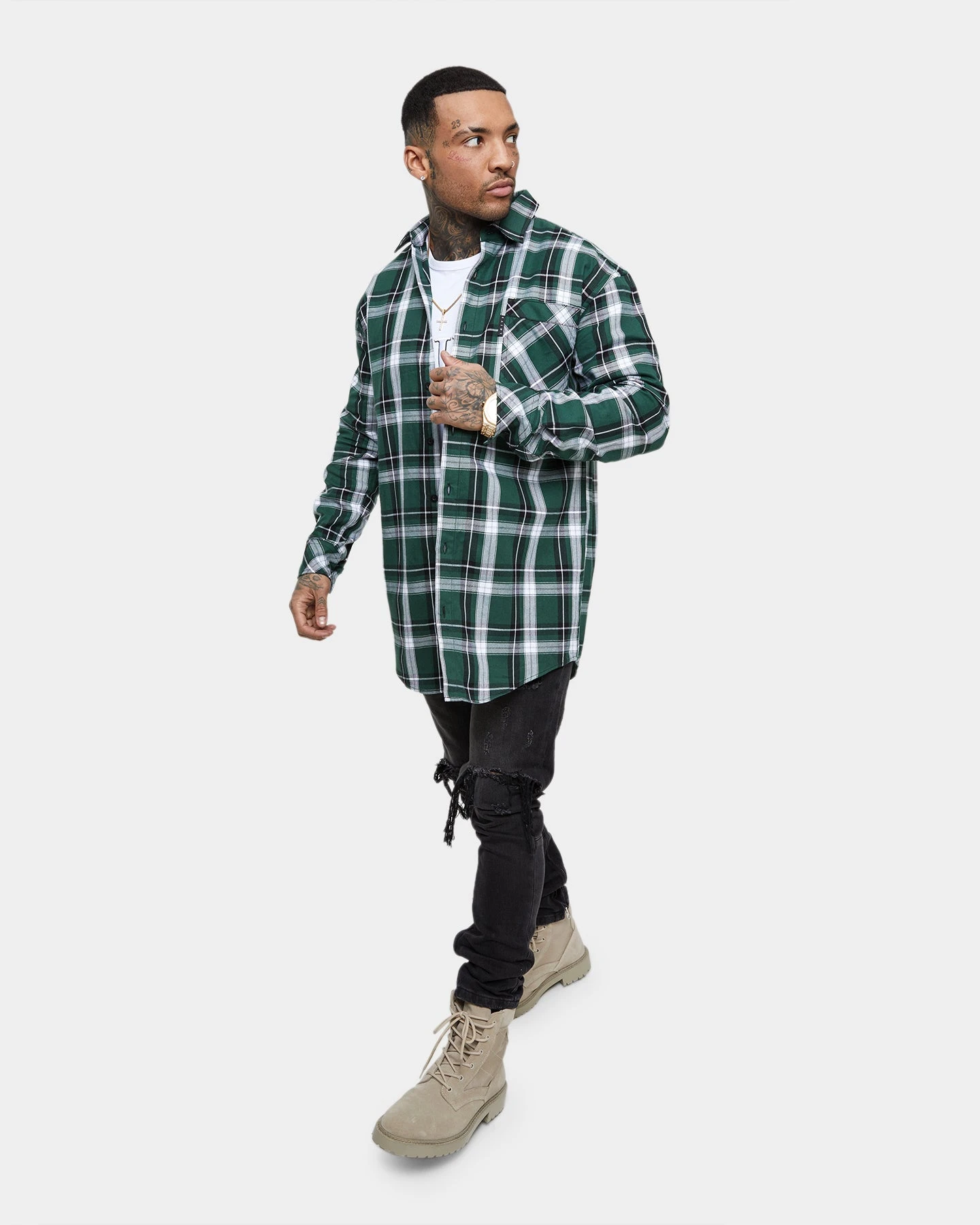 Saint Morta Prima Long Sleeve Flannel Shirt Dark Green/Black - Image 2