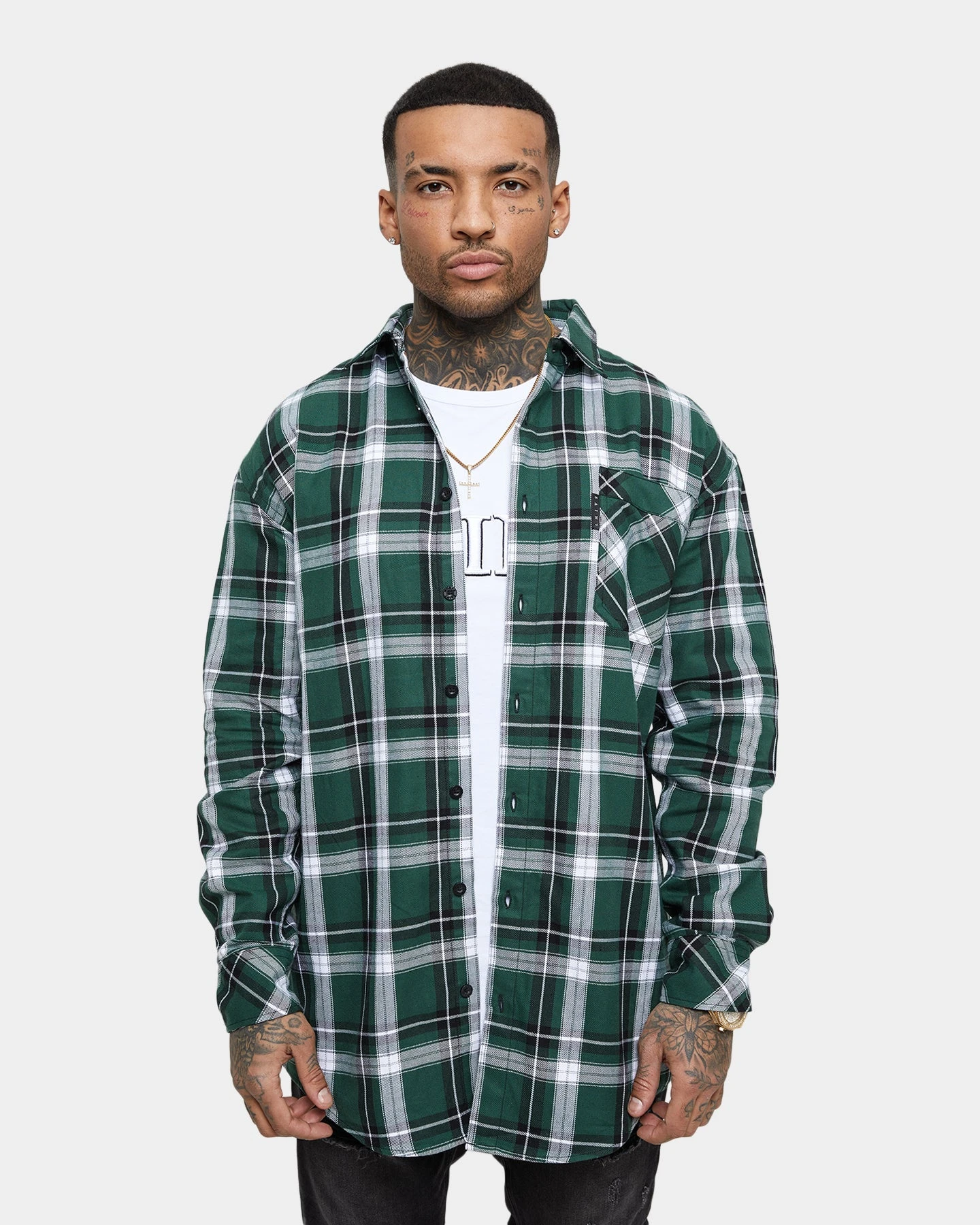 Saint Morta Prima Long Sleeve Flannel Shirt Dark Green/Black - Image 3