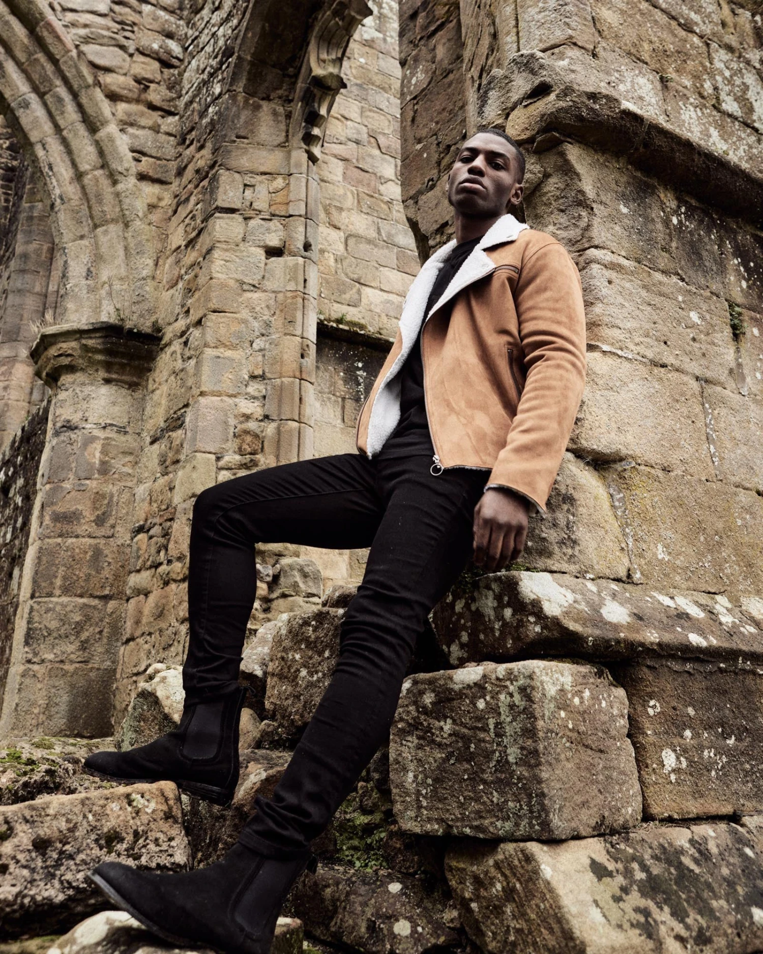 Saint Morta Imperial Sherpa Biker Jacket Tan/Cream - Image 2