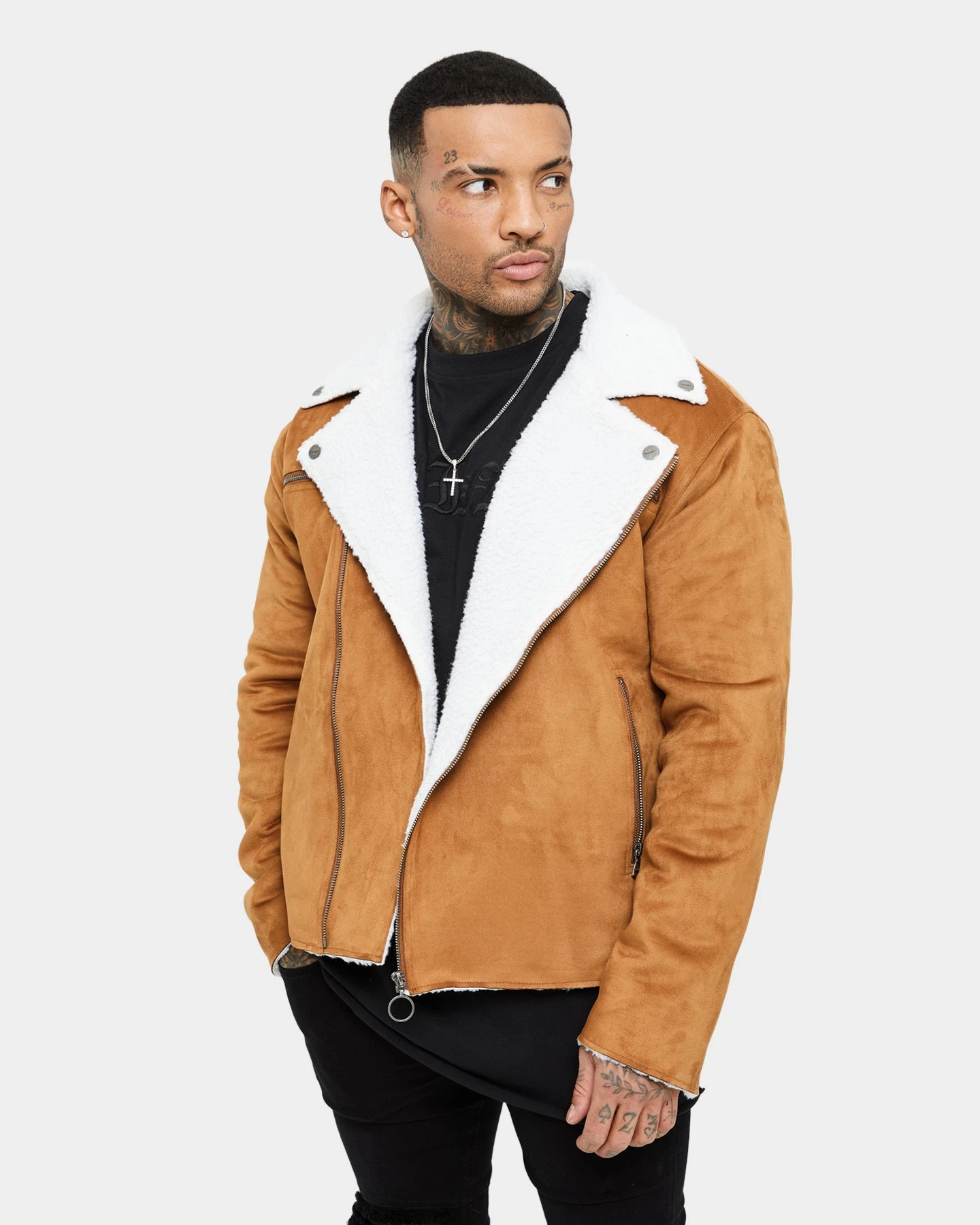 Saint Morta Imperial Sherpa Biker Jacket Tan/Cream - Image 4