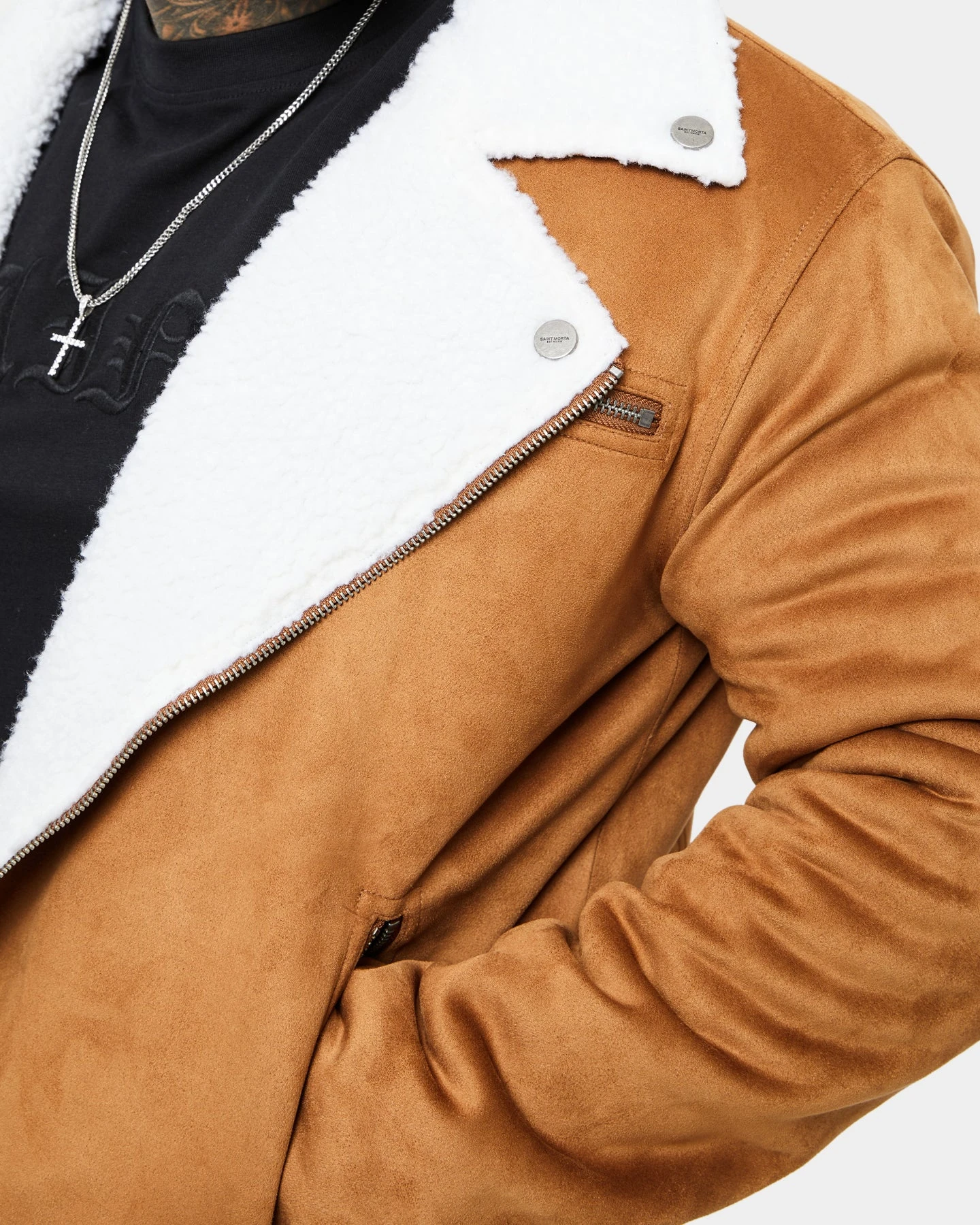 Saint Morta Imperial Sherpa Biker Jacket Tan/Cream - Image 8