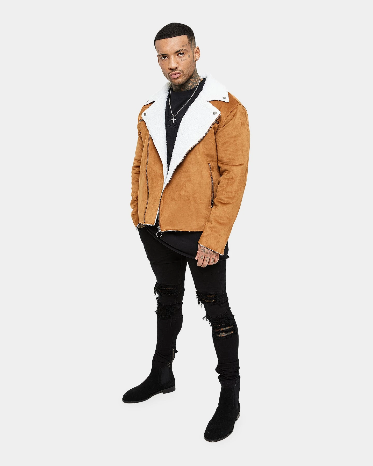 Saint Morta Imperial Sherpa Biker Jacket Tan/Cream - Image 9