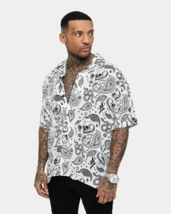 Saint Morta Paisley Skulls Short Sleeve Button Up Shirt White/Black