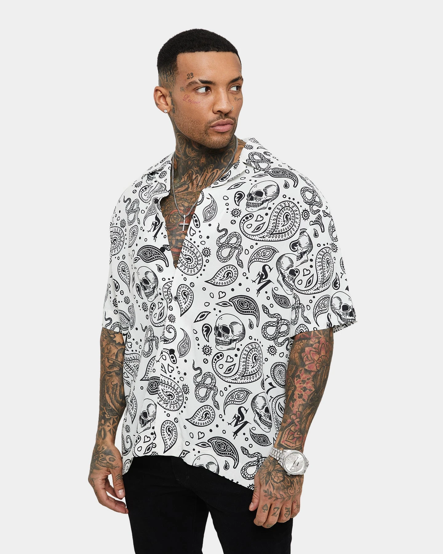 Saint Morta Paisley Skulls Short Sleeve Button Up Shirt White/Black