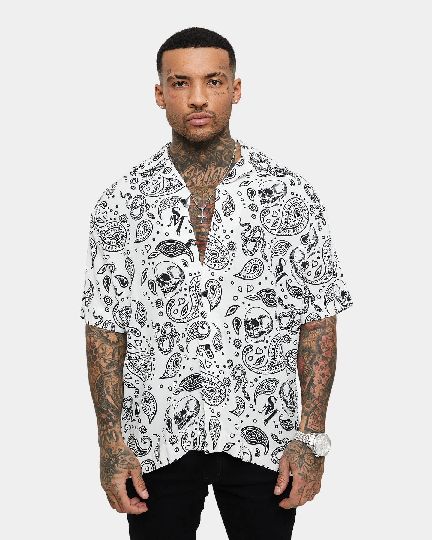 Saint Morta Paisley Skulls Short Sleeve Button Up Shirt White/Black - Image 3