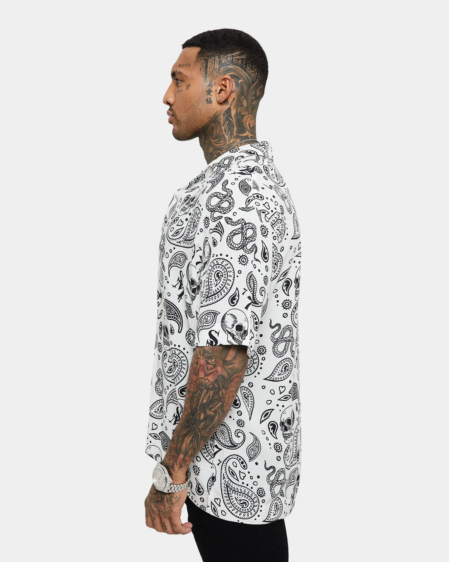 Saint Morta Paisley Skulls Short Sleeve Button Up Shirt White/Black - Image 4