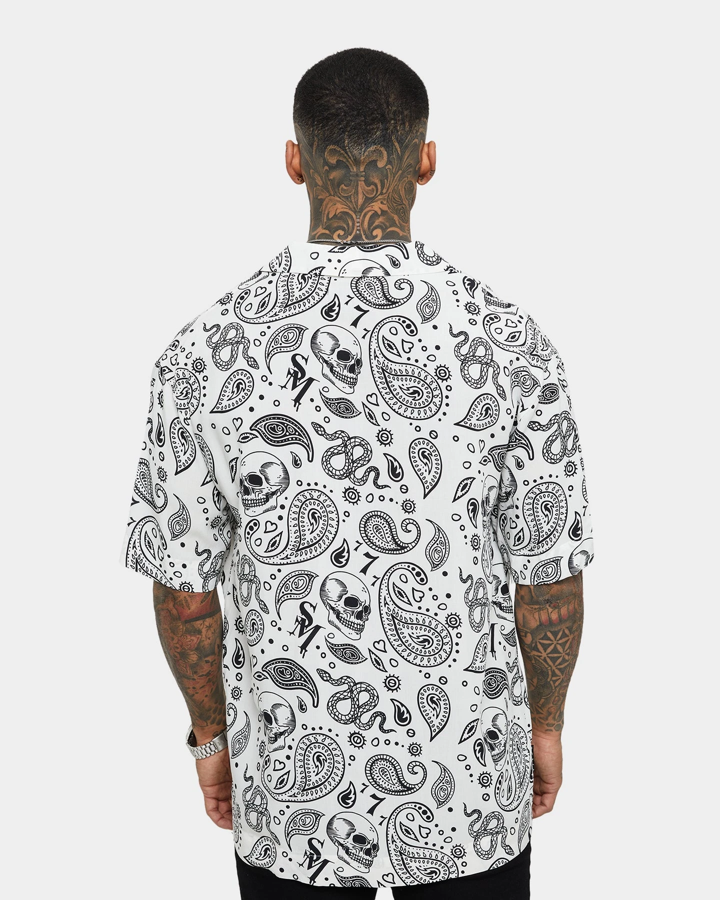 Saint Morta Paisley Skulls Short Sleeve Button Up Shirt White/Black - Image 5