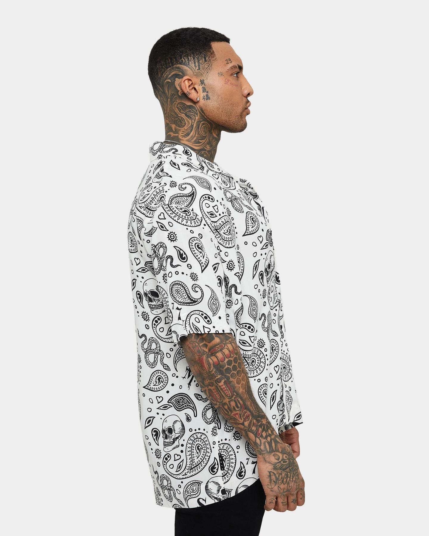 Saint Morta Paisley Skulls Short Sleeve Button Up Shirt White/Black - Image 6