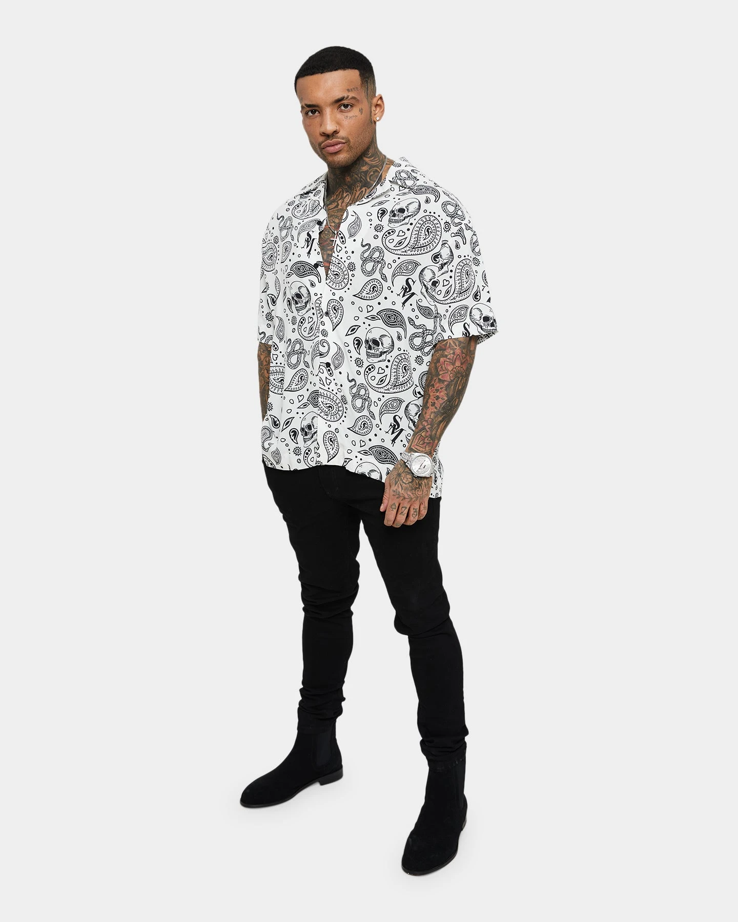 Saint Morta Paisley Skulls Short Sleeve Button Up Shirt White/Black - Image 8