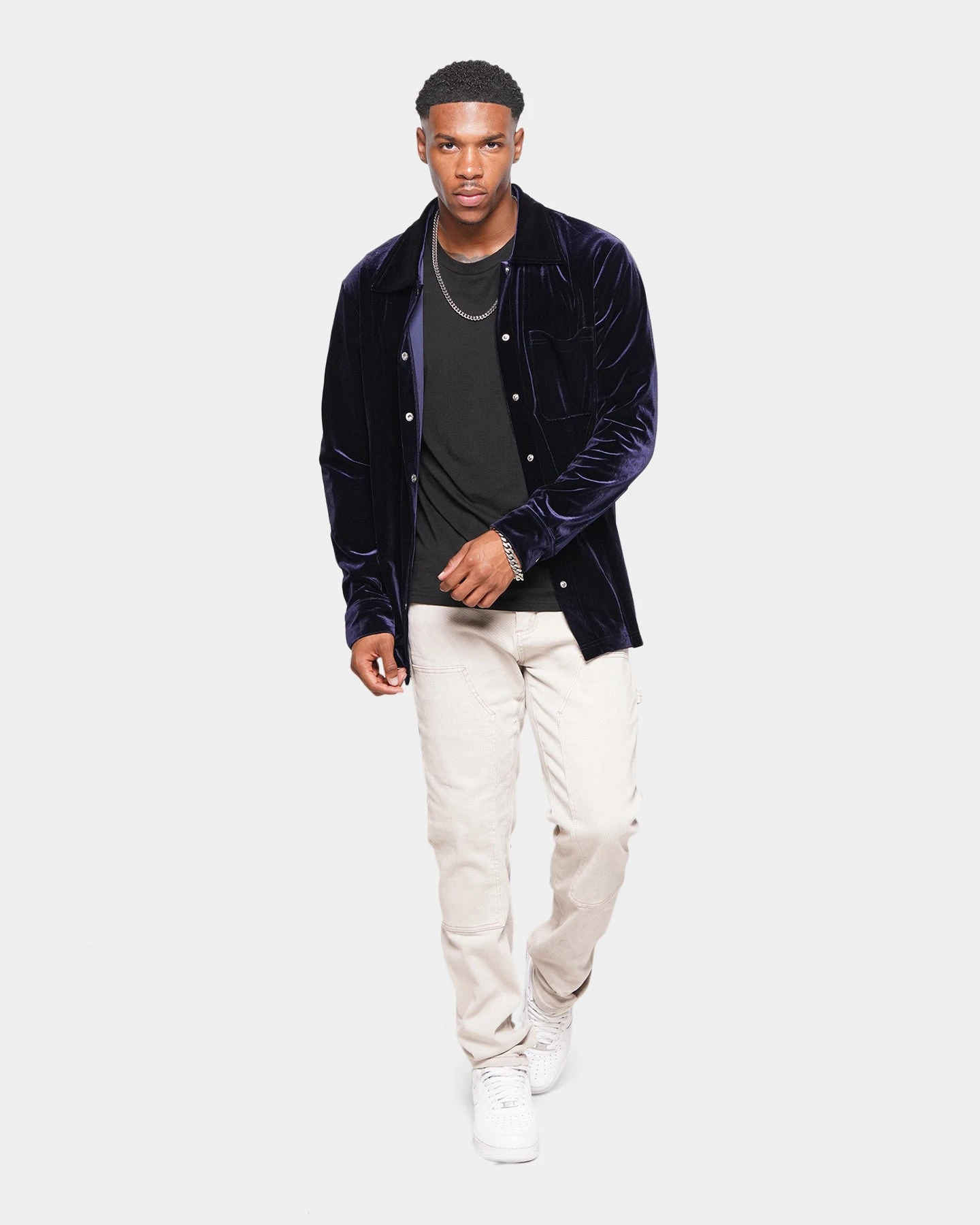 XXIII Uzair Velour Button Up Shirt Dark Navy - Image 2