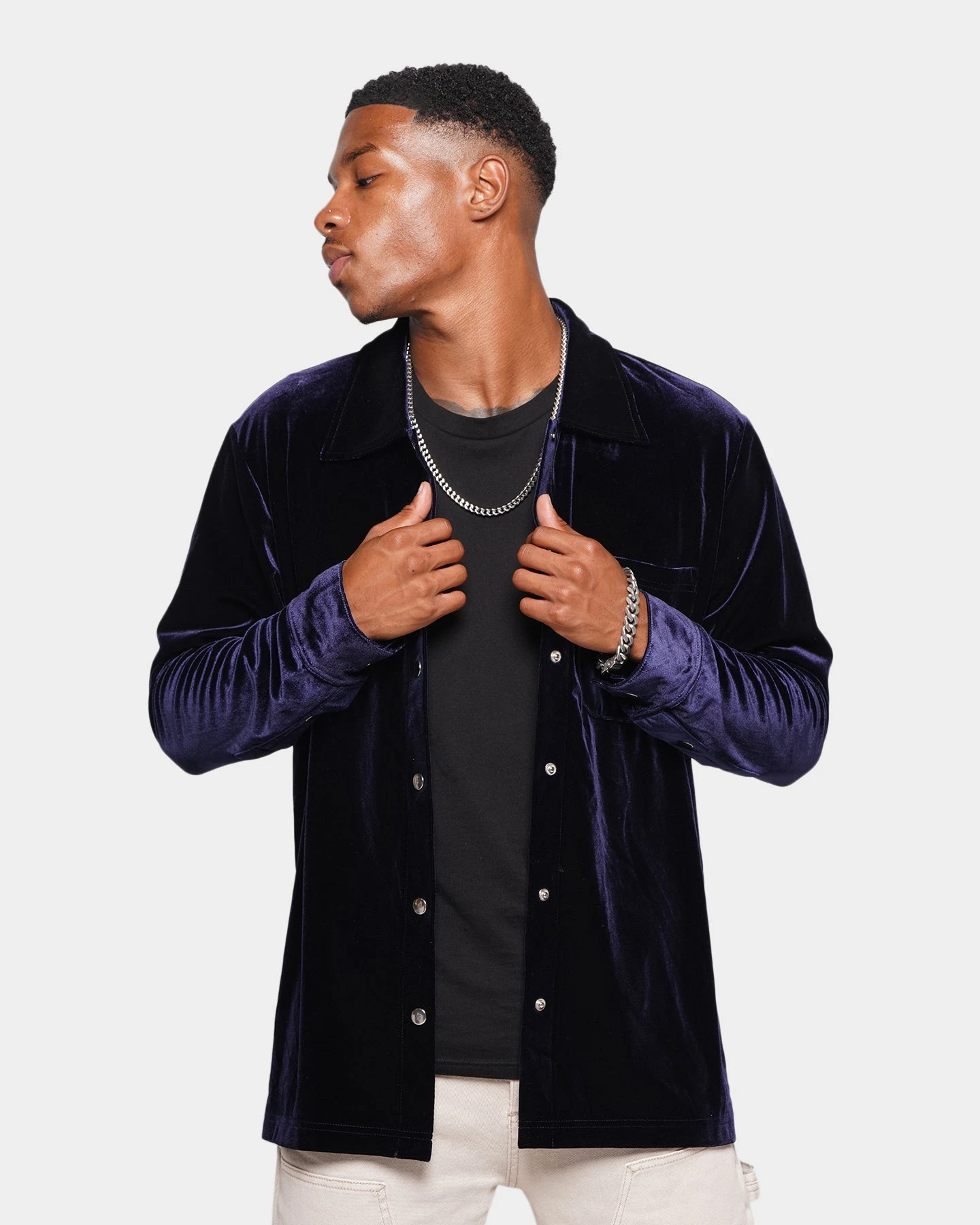 XXIII Uzair Velour Button Up Shirt Dark Navy - Image 3