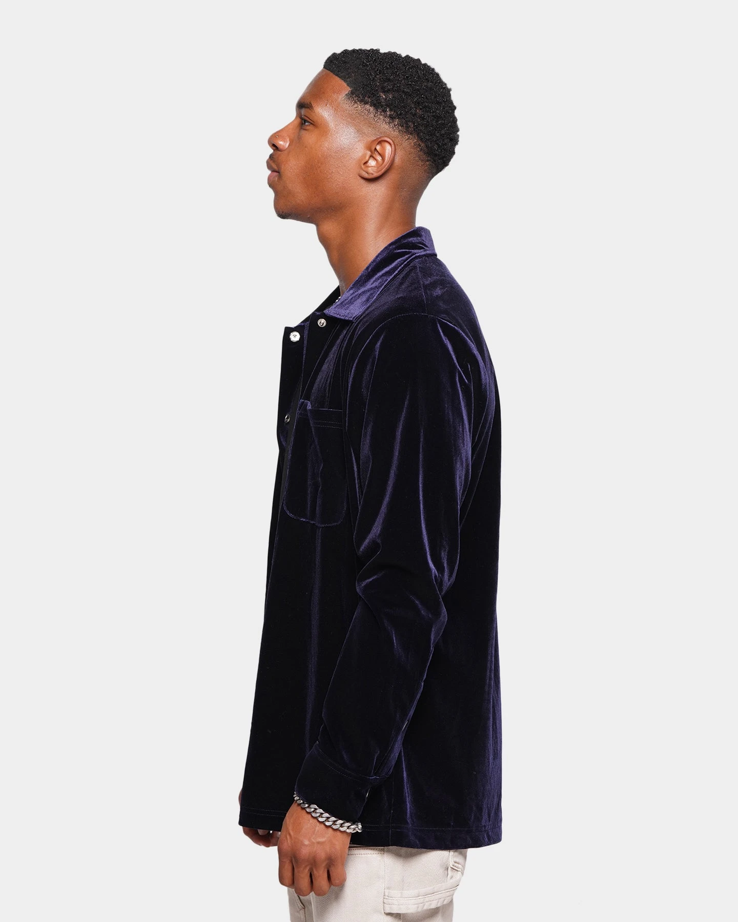 XXIII Uzair Velour Button Up Shirt Dark Navy - Image 6