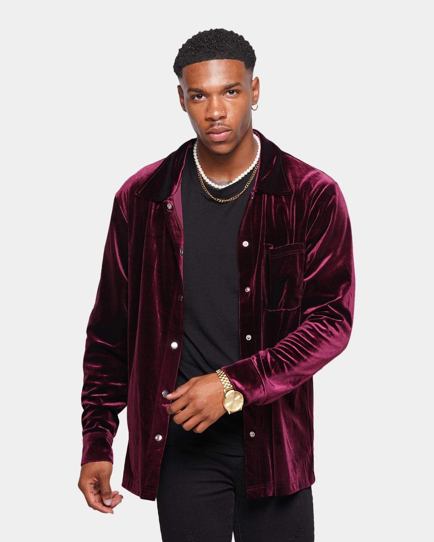 XXIII Uzair Velour Button Up Shirt Burgundy