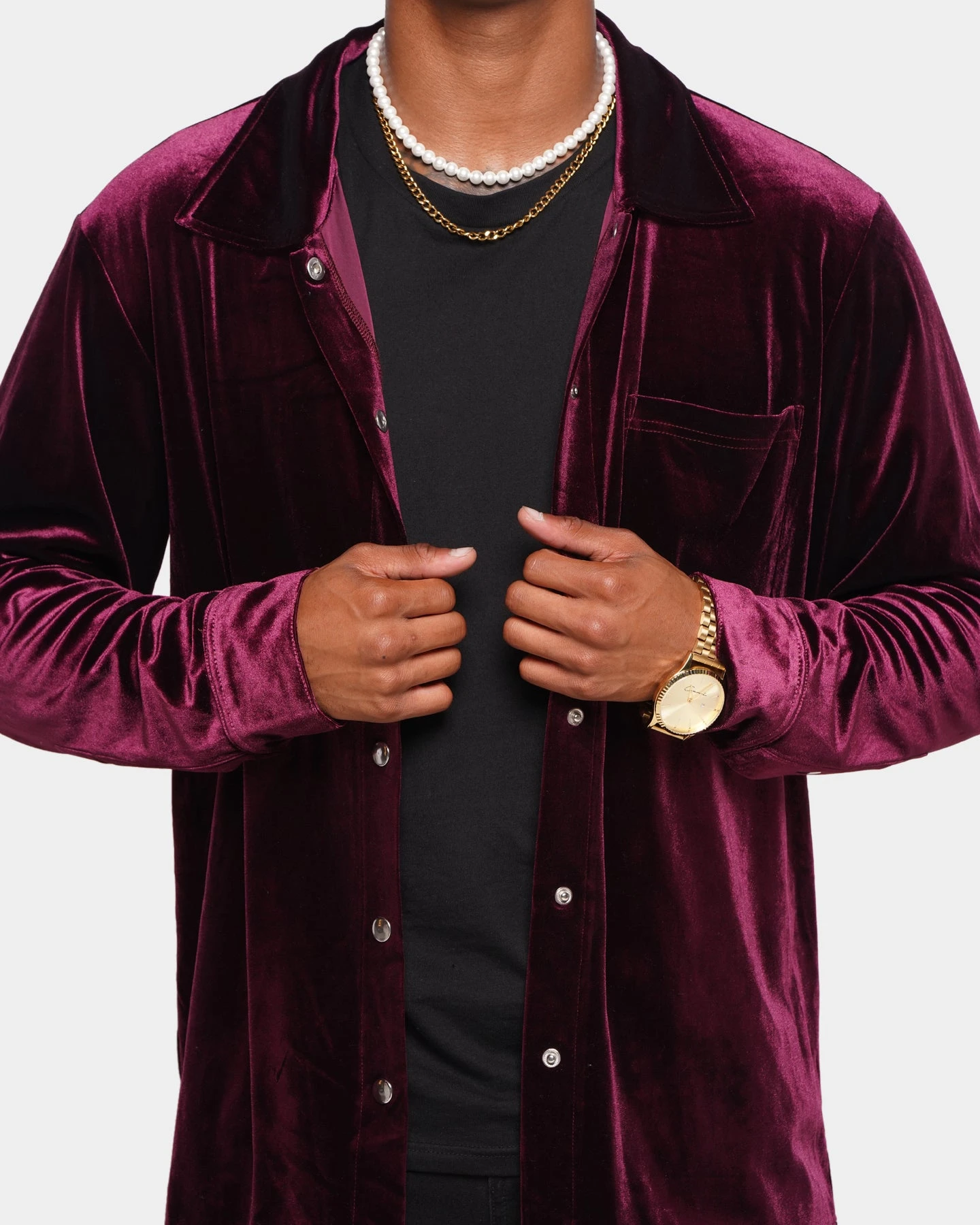 XXIII Uzair Velour Button Up Shirt Burgundy - Image 3