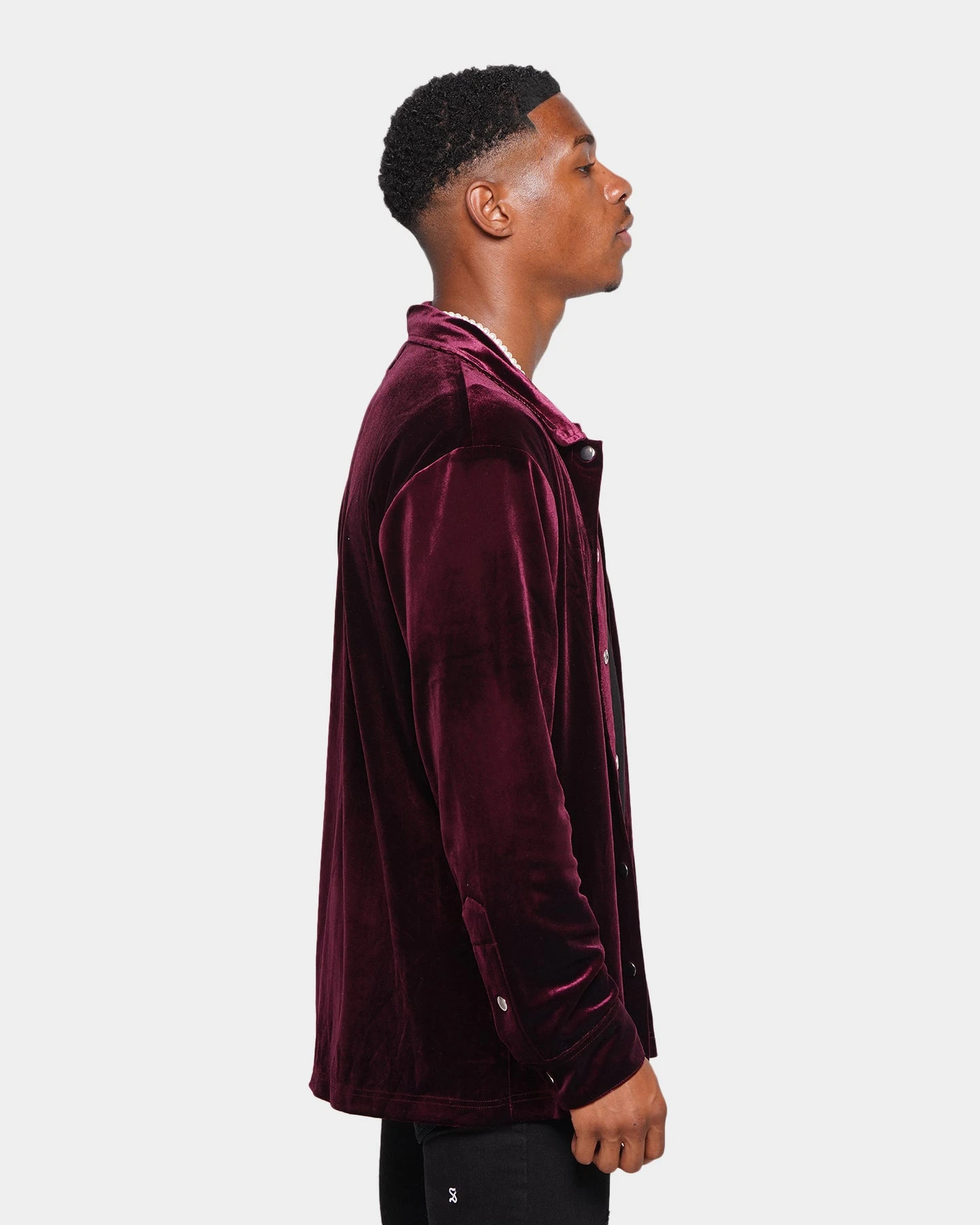 XXIII Uzair Velour Button Up Shirt Burgundy - Image 5