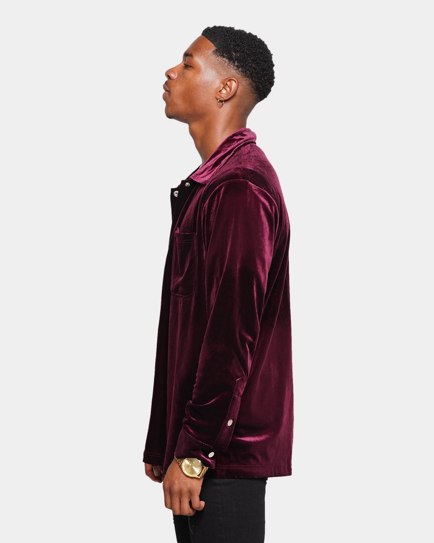 XXIII Uzair Velour Button Up Shirt Burgundy - Image 6