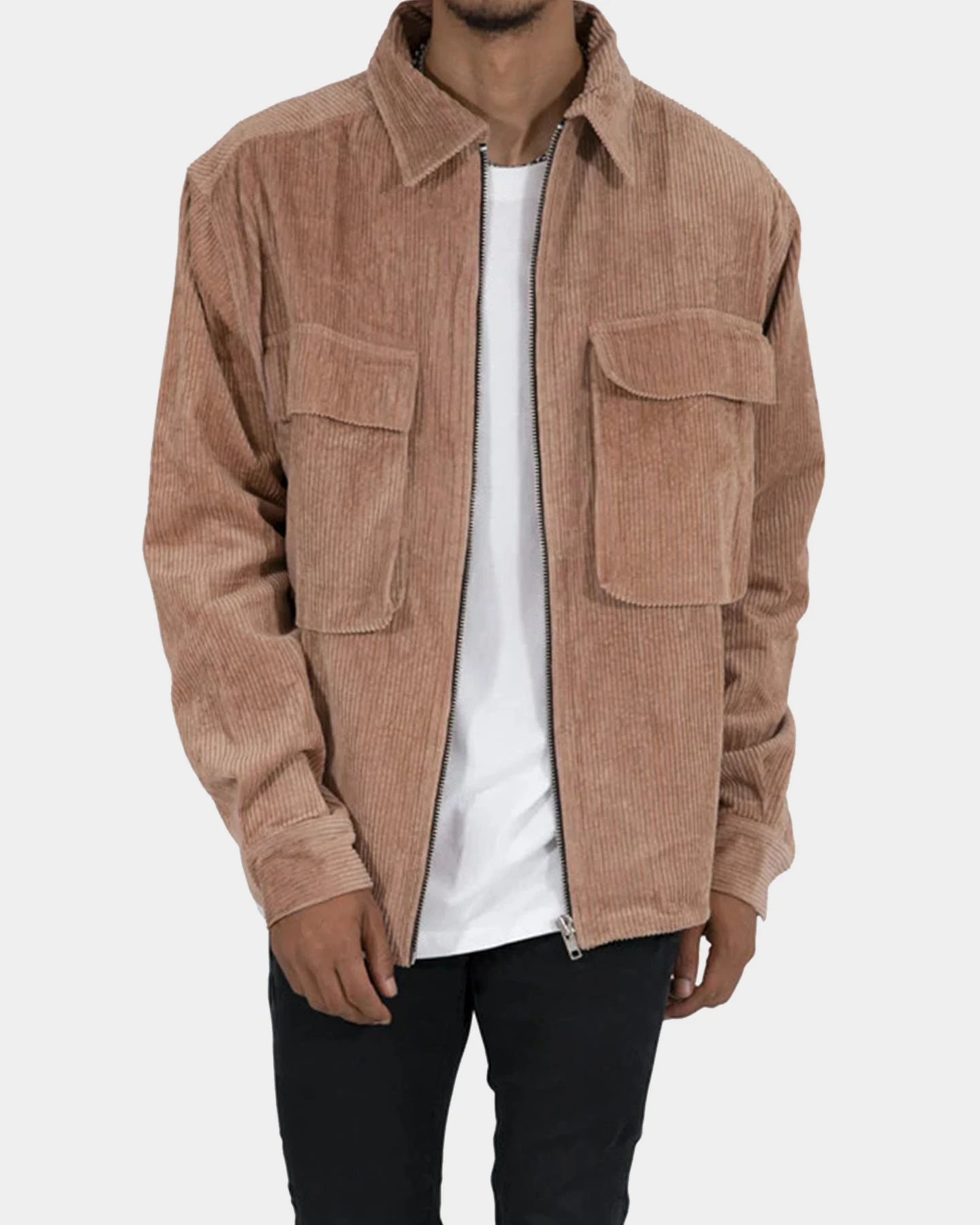 MNML Corduroy Zip Up Shirt Brown