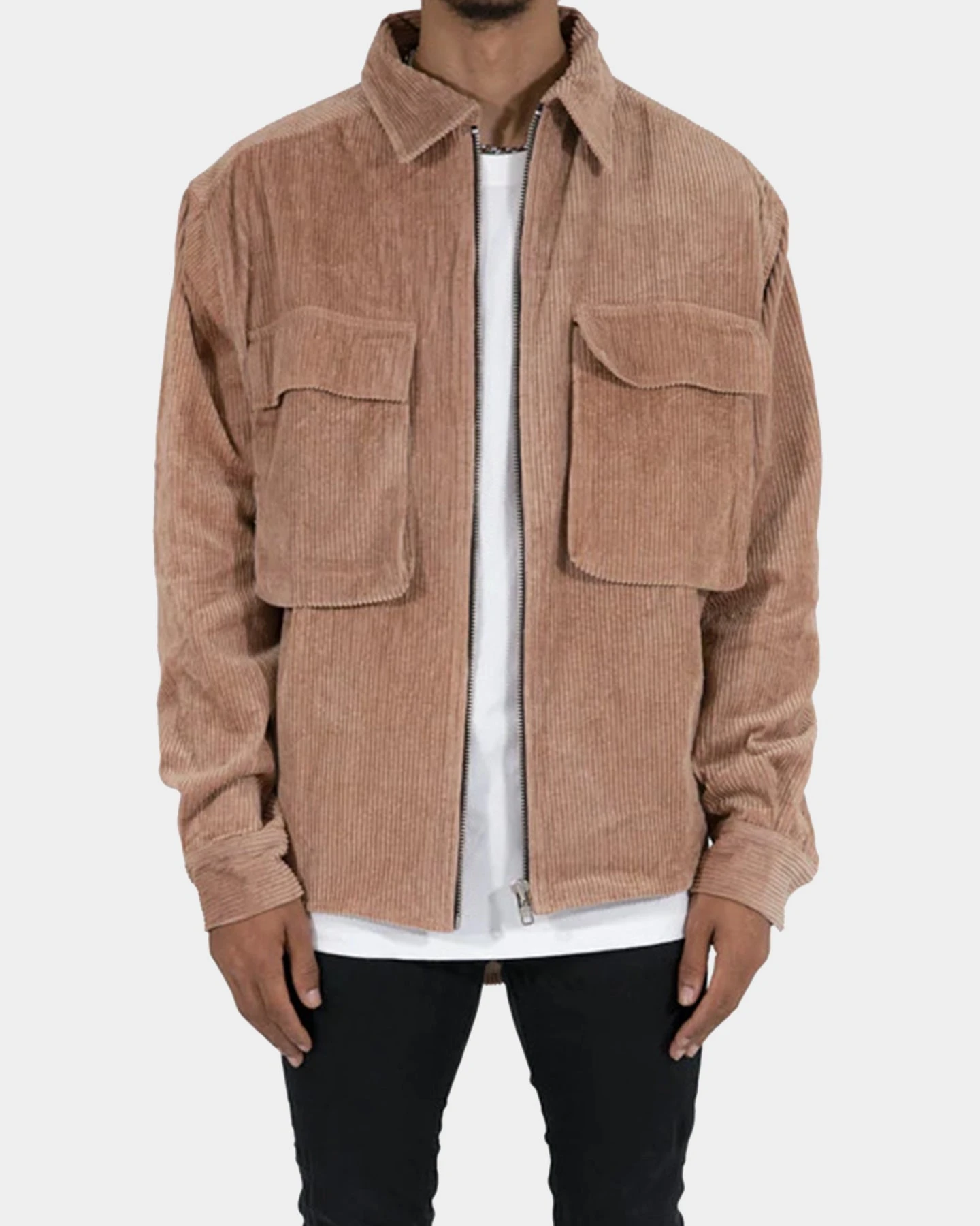 MNML Corduroy Zip Up Shirt Brown - Image 2