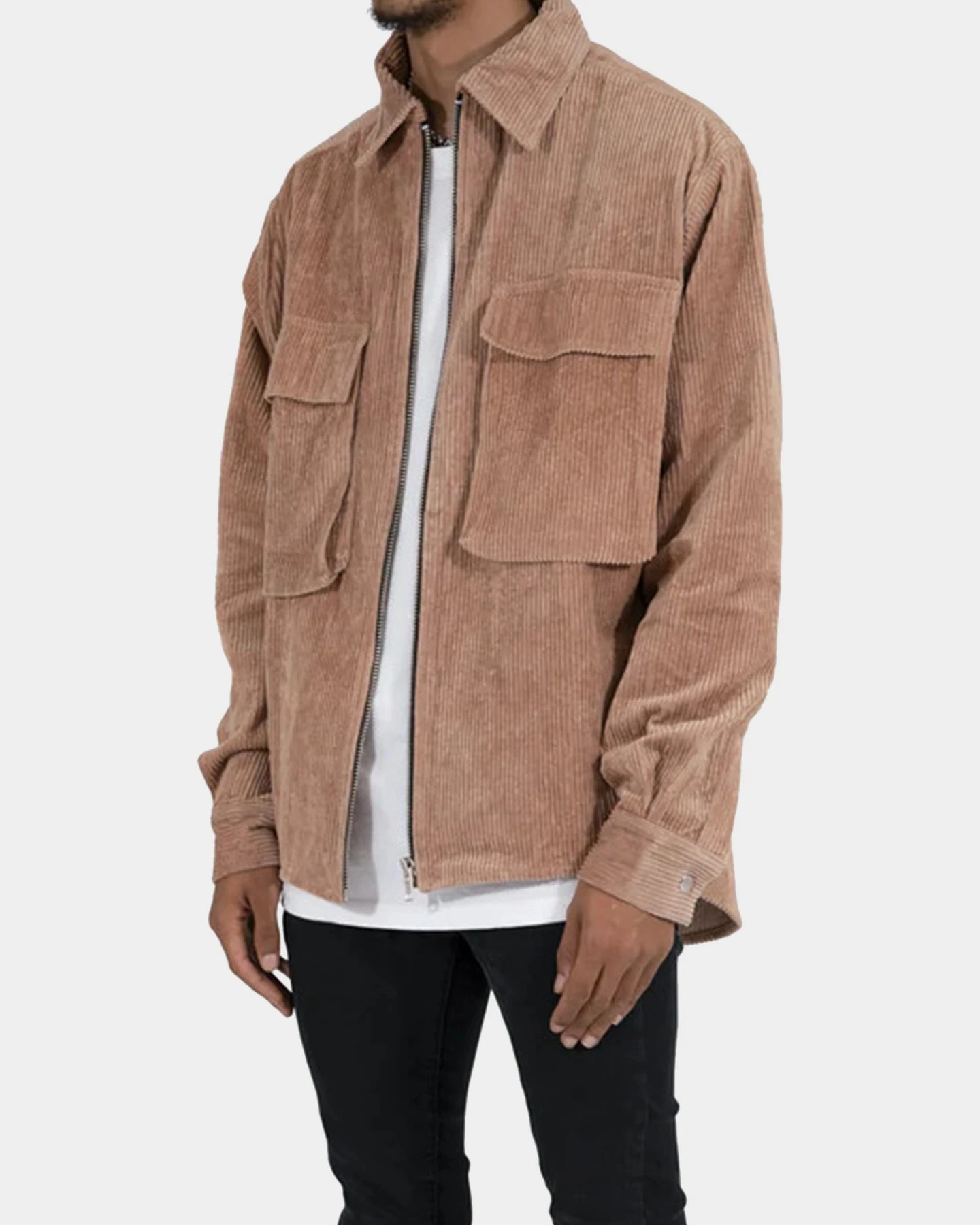 MNML Corduroy Zip Up Shirt Brown - Image 3