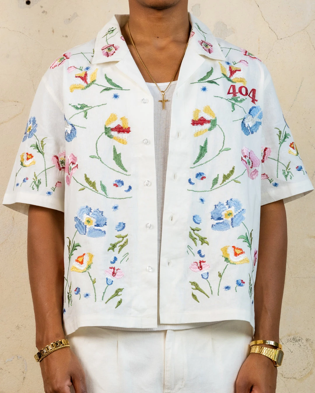 404 Midsommar Embroidered Button Up T-Shirt Ecru - Image 3