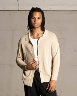 Saint Morta Knitted Long Sleeve Button Up Shirt Tan