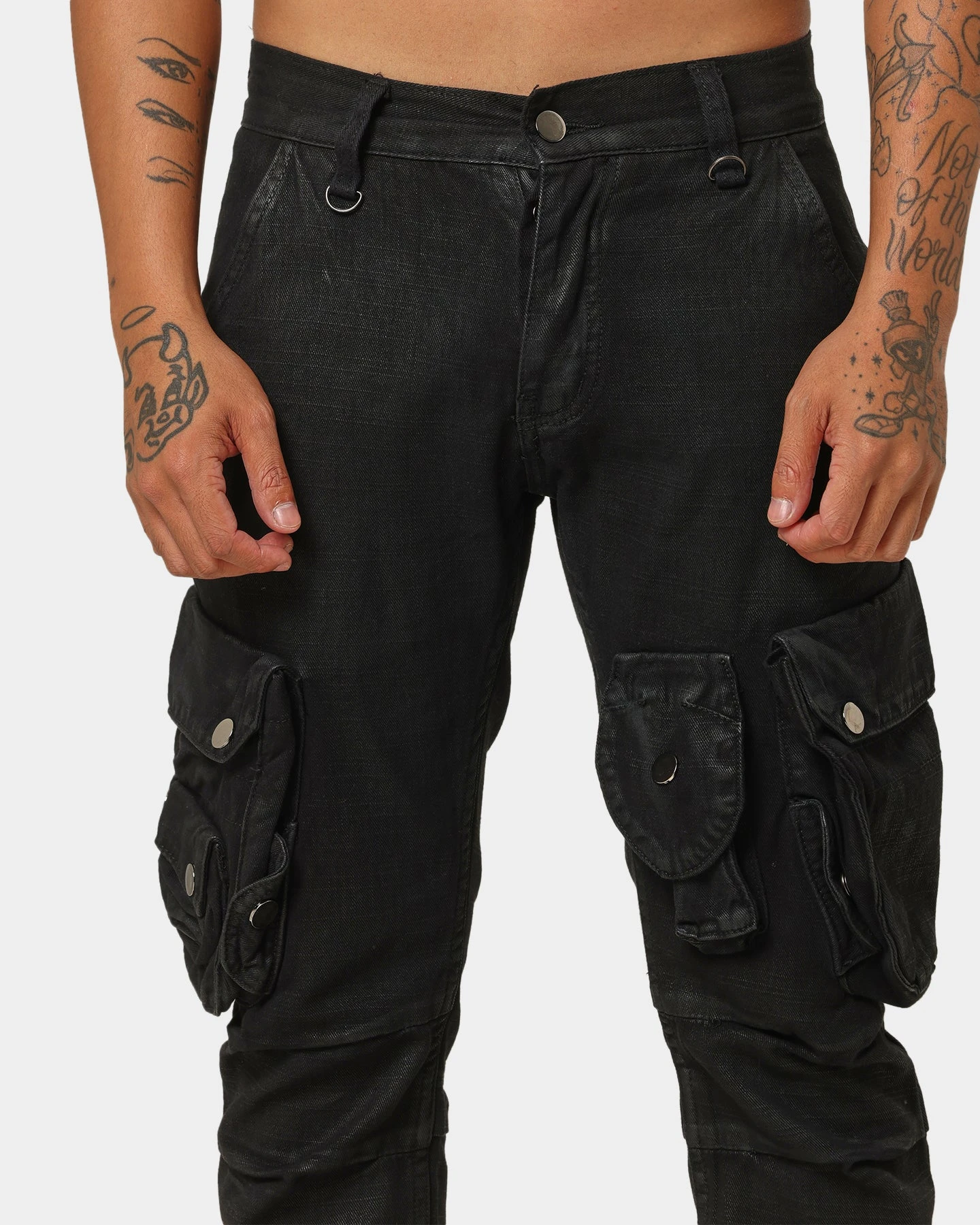 MNML Waxed Denim Cargo Pants Black - Image 3