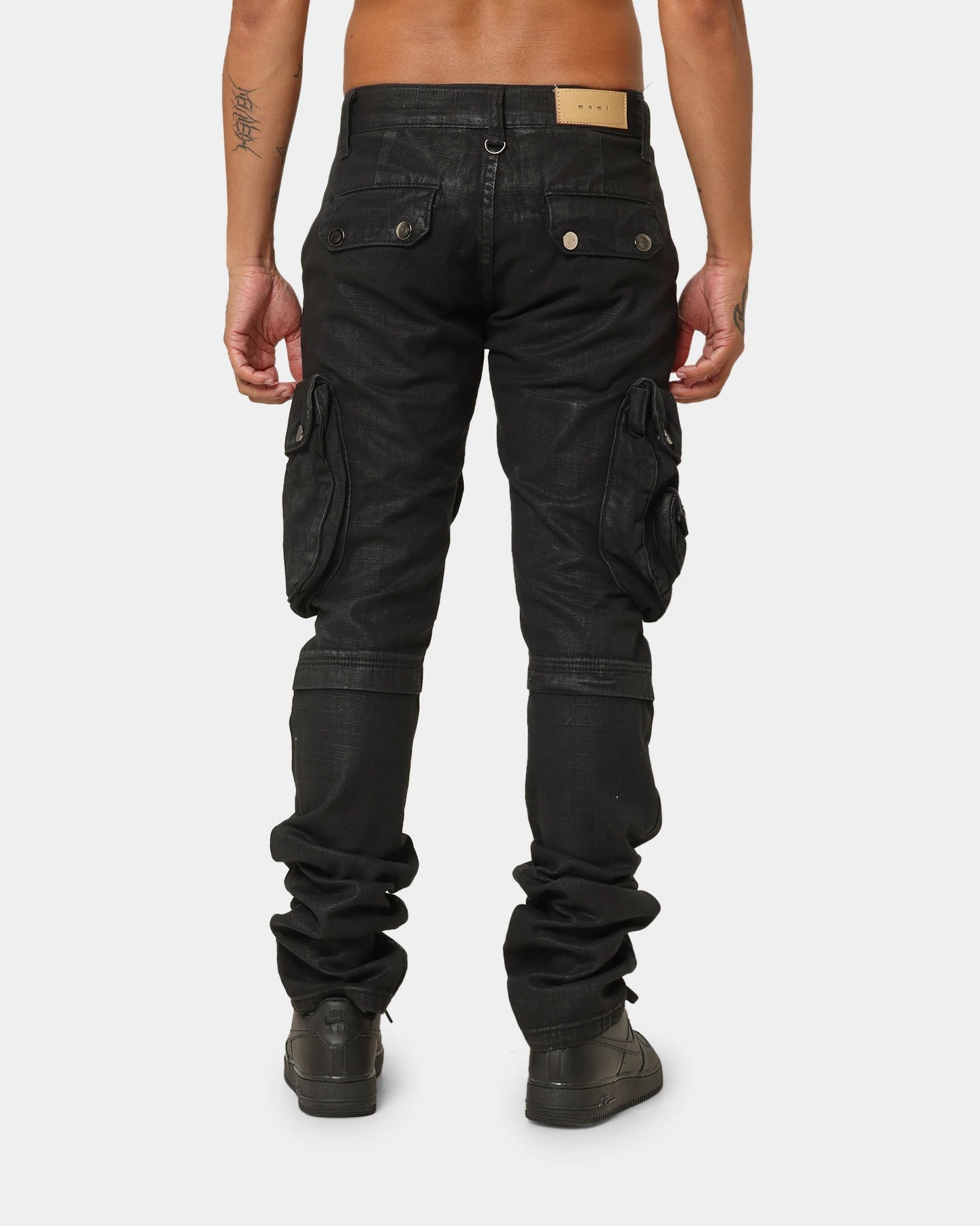 MNML Waxed Denim Cargo Pants Black - Image 4