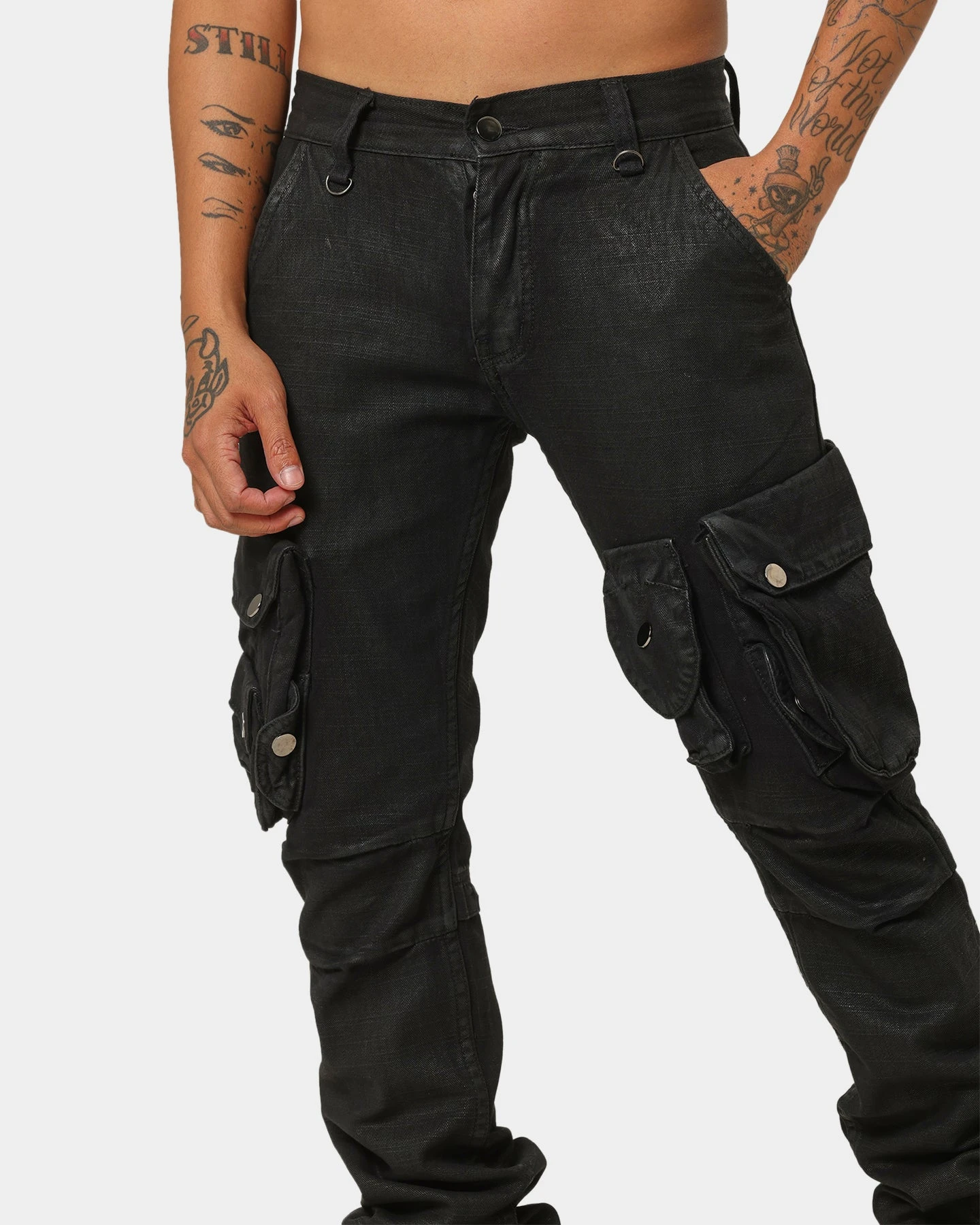 MNML Waxed Denim Cargo Pants Black - Image 7