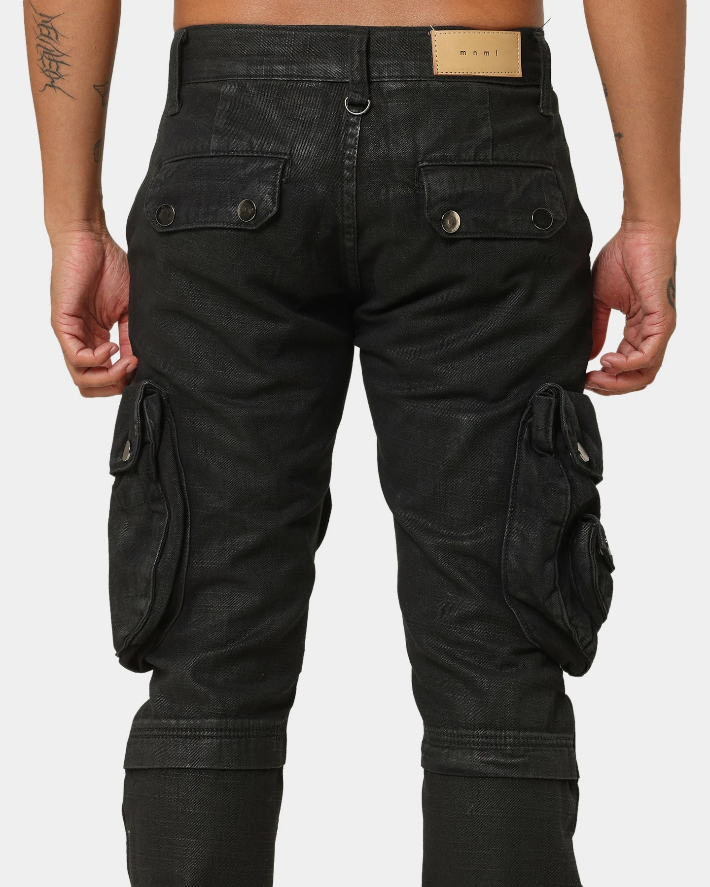 MNML Waxed Denim Cargo Pants Black - Image 8